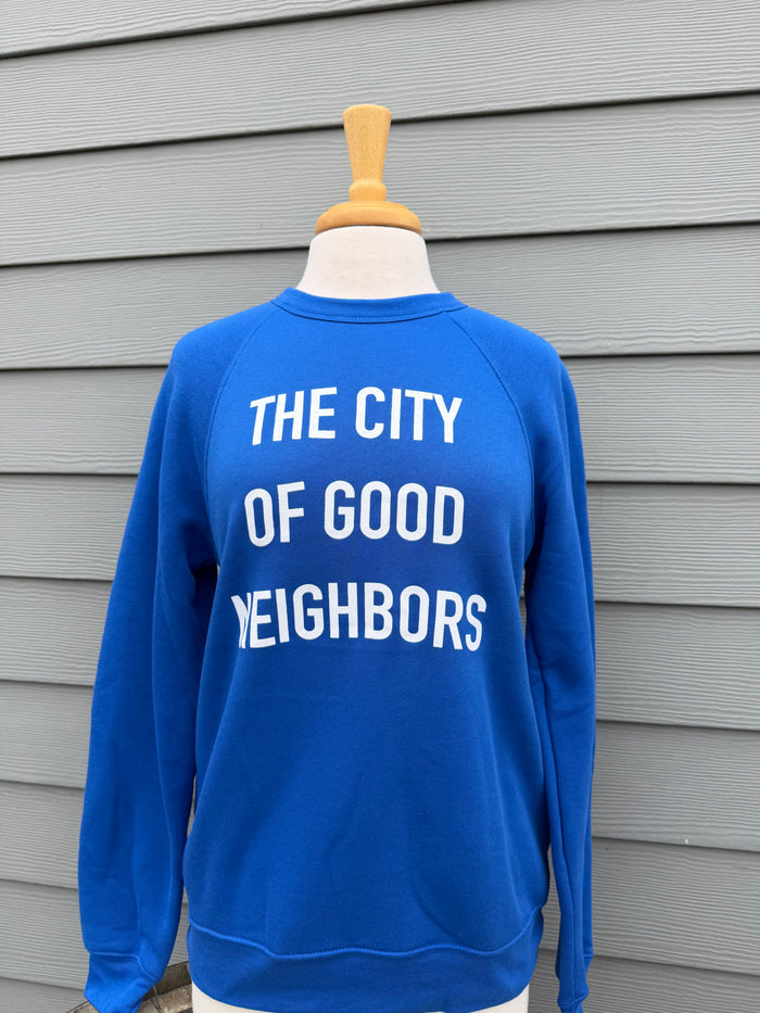 The City of Good Neighbors Sweatshirt - Royal Blue & White - Molly + Kate