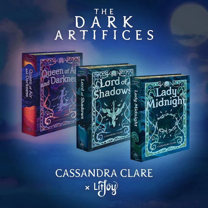 The Dark Artifices Special Edition Box Set featuring three hardcover books — Lady Midnight, Lord of Shadows, and Queen of Air and Darkness by Cassandra Clare — displayed on a deep blue starry background with the LitJoy Crate x Cassandra Clare logo, perfect for YA fantasy book collectors
