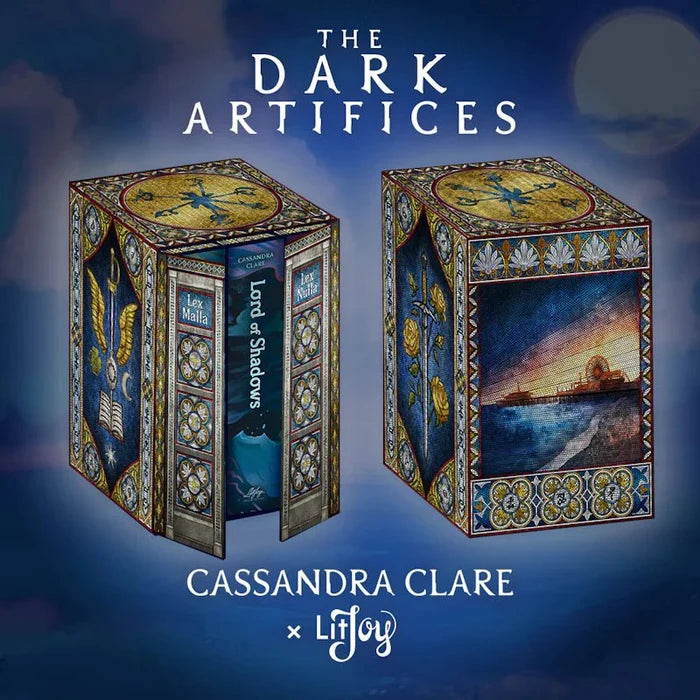 The Dark Artifices Special Edition ornate slipcase box set by Cassandra Clare and LitJoy Crate, featuring intricate gold and blue decorative panels with illustrated scenes and Lord of Shadows spine detail, displayed on a starry blue background — collector's edition YA fantasy book set