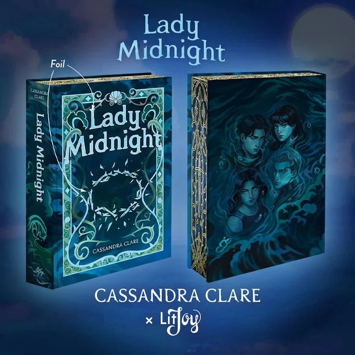 Lady Midnight Special Edition hardcover by Cassandra Clare — Book 1 of The Dark Artifices series — featuring front and back covers with three illustrated characters in teal blue tones, ornate gold border details, foil treatment, and the LitJoy Crate x Cassandra Clare collaboration branding