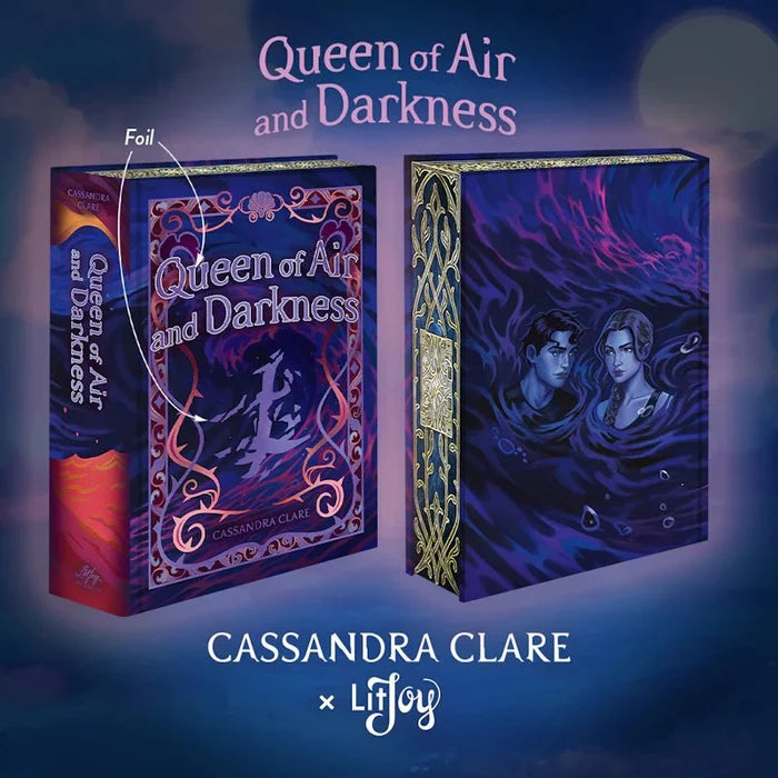 Queen of Air and Darkness Special Edition hardcover by Cassandra Clare — Book 3 of The Dark Artifices series — displaying front and back covers with vibrant purple, red, and orange tones featuring illustrated character artwork, foil treatment, gold border spine, and LitJoy Crate x Cassandra Clare collaboration branding