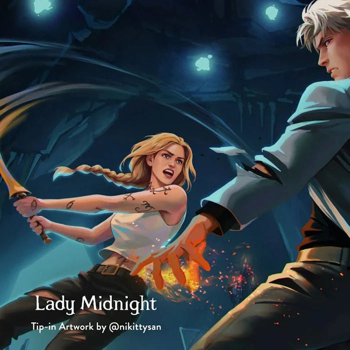 Lady Midnight tip-in exclusive artwork by @nikittysan for the LitJoy Crate x Cassandra Clare Dark Artifices Special Edition — featuring a female Shadowhunter with braided blonde hair wielding a weapon with magical fire sparks, facing a white-haired male character in a dramatic action scene