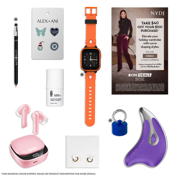 Collection of various items including a watch, earbuds, and a skincare product with promotional materials.