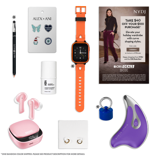 Collection of various items including a watch, earbuds, and a skincare product with promotional materials.