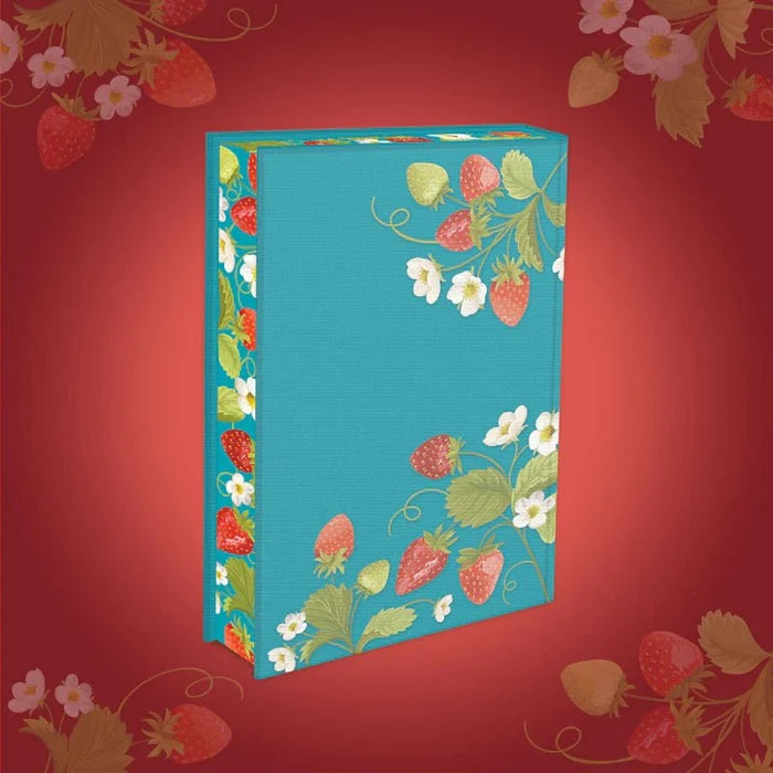 The Hating Game LitJoy Special Edition hardcover back cover and spine by Sally Thorne — teal cloth-bound book with botanical strawberry and white blossom illustration, angled 3D book mockup on red background, LitJoy Crate exclusive