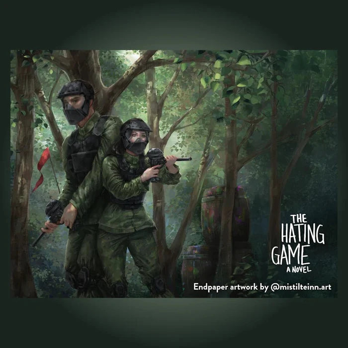 The Hating Game LitJoy Special Edition exclusive endpaper artwork — two characters in camo gear and paintball masks in a sunlit forest, depicting the novel's iconic paintball scene. Art by @mistilteinn.art