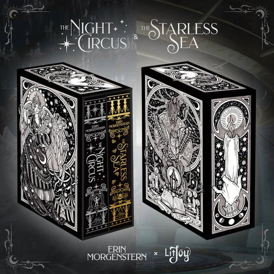 The Night Circus and The Starless Sea special edition book box set by Erin Morgenstern x LitJoy Crate, featuring two black hardcover boxes with intricate gold and white illustrated fantasy artwork on a dark background