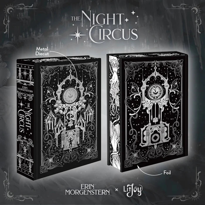 The Night Circus special edition book box by Erin Morgenstern x LitJoy Crate, showing front and side views with intricate black and white illustrated circus and clock tower artwork, featuring metal diecut and foil special edition details