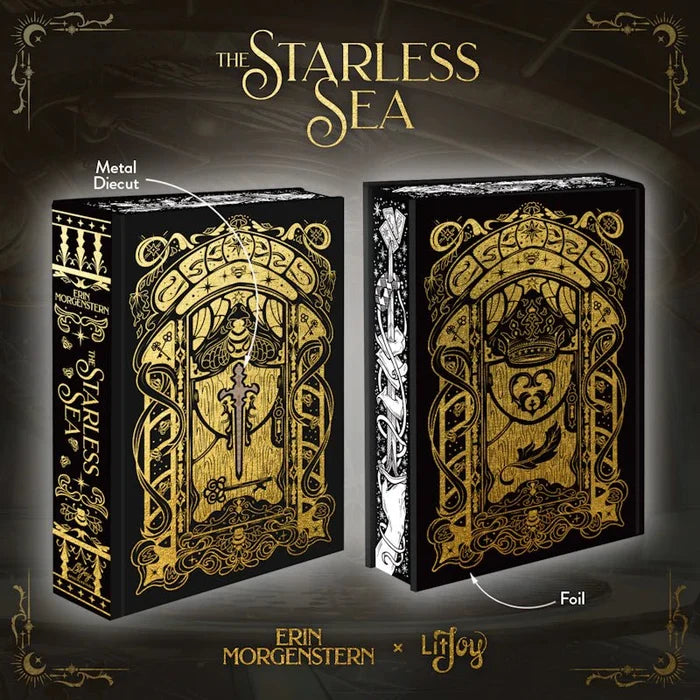 The Starless Sea special edition book box by Erin Morgenstern x LitJoy Crate, showing front and back views with opulent gold and black illustrated artwork featuring a sword, bee, crown, and heart motifs, with metal diecut and foil special edition details