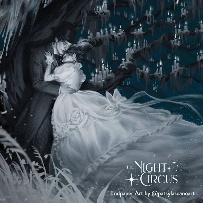 The Night Circus special edition endpaper art by @patsylascanoart for LitJoy Crate, depicting a romantic couple embracing beneath hanging candelabras in a dark moody blue-toned illustrated fantasy scene
