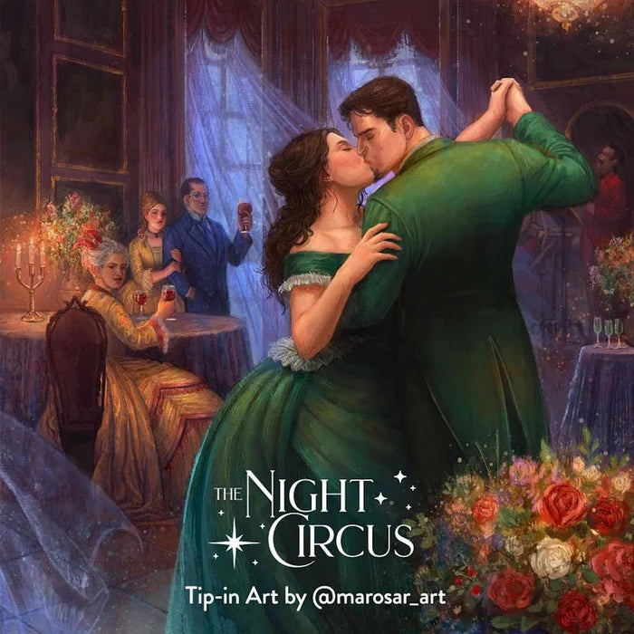The Night Circus special edition tip-in art by @marosar_art for LitJoy Crate, depicting a romantic couple kissing and dancing at a Victorian ballroom, woman in an emerald off-shoulder gown, surrounded by candlelit party guests and floral arrangements