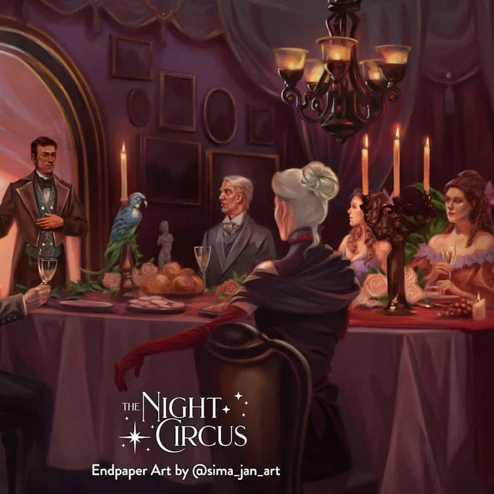 The Night Circus special edition endpaper art by @sima_jan_art for LitJoy Crate, depicting an elegant Victorian candlelit dinner party with elaborately dressed characters, a blue parrot, chandelier, and purple draped dining room