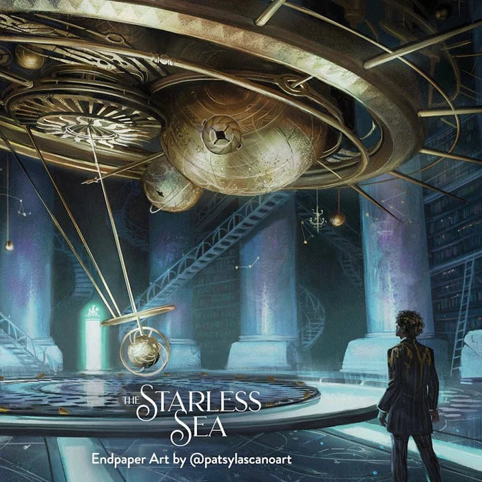 The Starless Sea special edition endpaper art by @patsylascanoart for LitJoy Crate, depicting a lone figure gazing at a massive mechanical orrery suspended above a grand underground harbor library with glowing pillars and spiral staircases