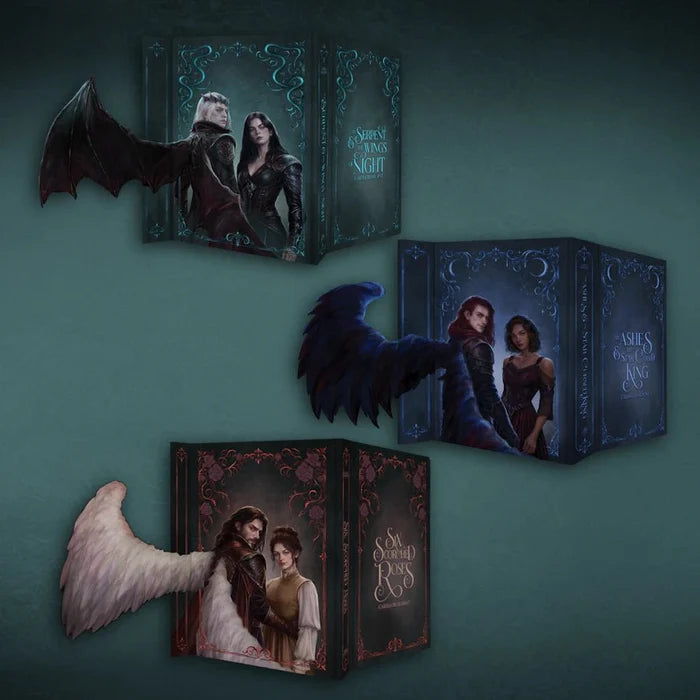 The Nightborn Duet special edition box set featuring The Serpent & the Wings of Night, The Ashes & the Star-Cursed King, and Six Scorched Roses fantasy book covers with dragon and angel wings on a dark teal background