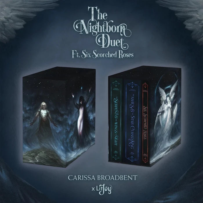 The Nightborn Duet by Carissa Broadbent special edition slipcase box set featuring Six Scorched Roses, with illustrated cover art of two robed figures and three book spines: The Serpent & the Wings of Night, The Ashes & the Star-Cursed King, and Six Scorched Roses