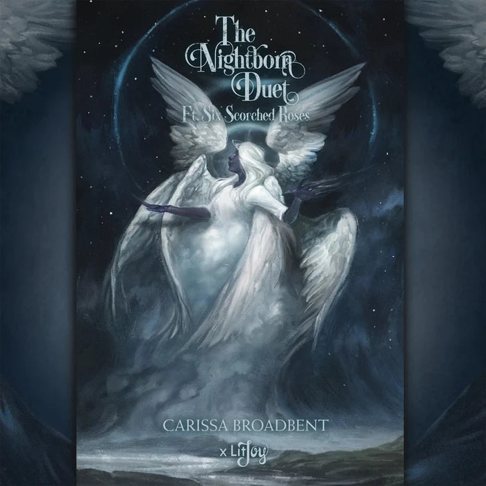 The Nightborn Duet slipcase cover art by Carissa Broadbent featuring a glowing white-winged angel against a starry night sky, promoting the Six Scorched Roses special edition box set