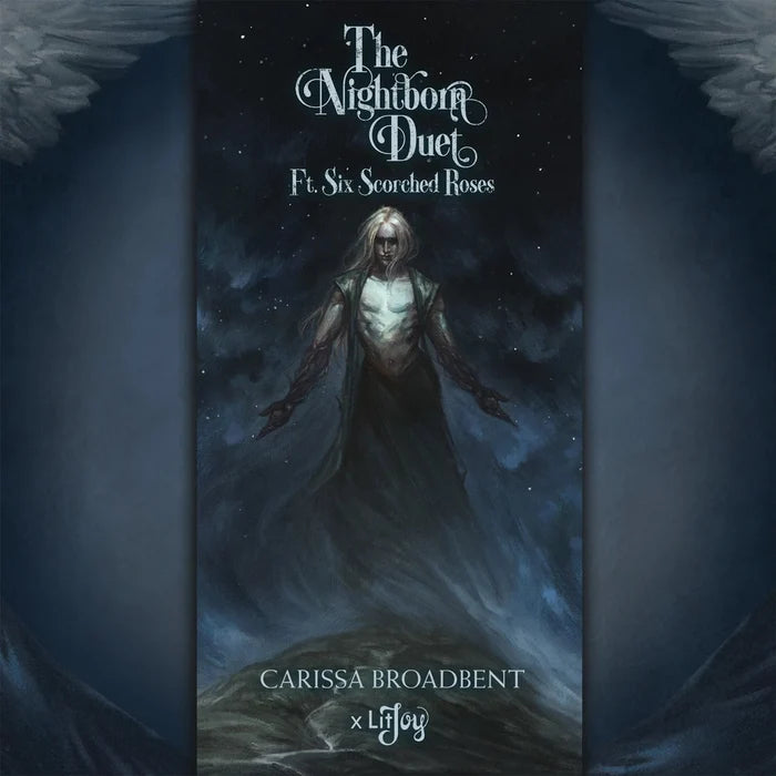 The Nightborn Duet slipcase back cover art by Carissa Broadbent, showing a ghostly pale figure emerging from dark mist under a starry night sky, for the Six Scorched Roses special edition box set
