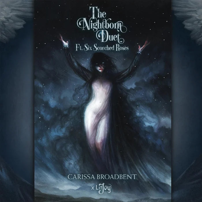 The Nightborn Duet slipcase side cover art by Carissa Broadbent, depicting a dark ethereal female figure with flowing black hair and raised arms against a starry night sky, for the Six Scorched Roses special edition box set