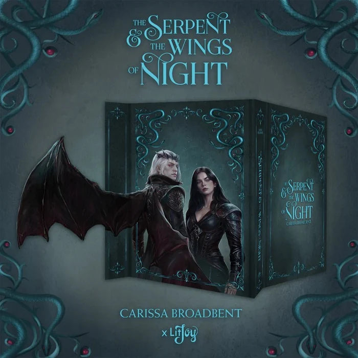 The Serpent & the Wings of Night by Carissa Broadbent – LitJoy Crate special edition book cover featuring a winged serpent and an armored woman against a teal fantasy illustration with ornate vine border