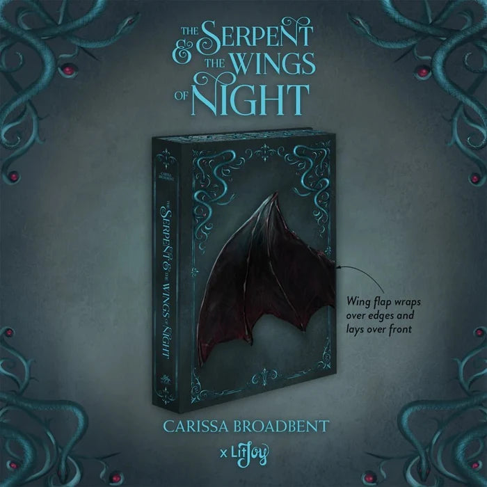 Closed box cover mockup for The Serpent & the Wings of Night by Carissa Broadbent, LitJoy Crate special edition, showing the bat-wing flap wrapping over the front edges of the teal decorative book box