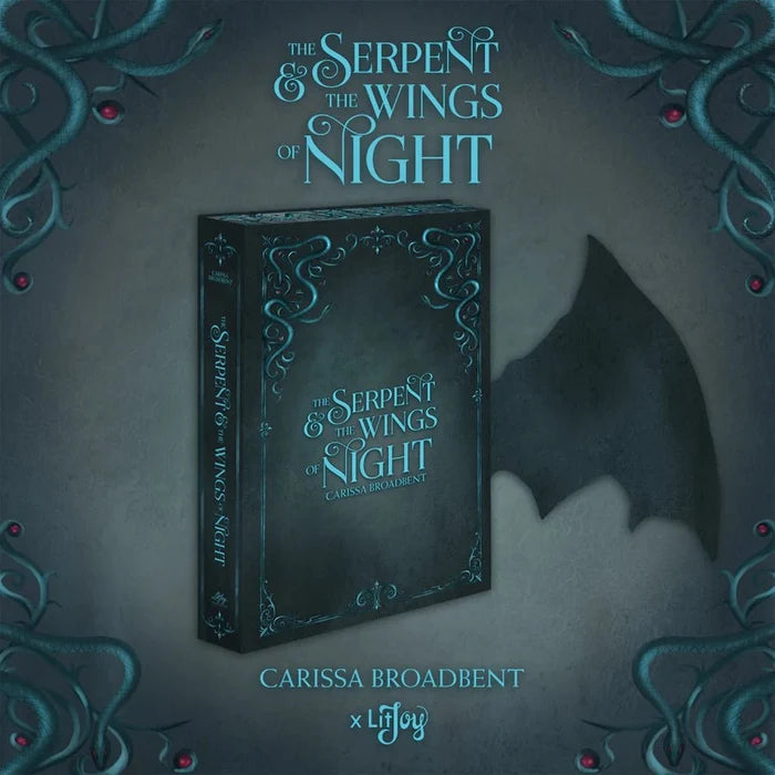 Front view mockup of The Serpent & the Wings of Night special edition box by Carissa Broadbent, LitJoy Crate, showing the bat-wing flap open beside the teal decorative book box