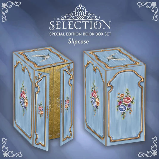 Digital mockup of The Selection Special Edition Book Box Set slipcase by Kiera Cass — powder blue slipcase with gold ornate trim, floral bouquet, and bird motif, shown open revealing gilded book spines and closed, on blue background