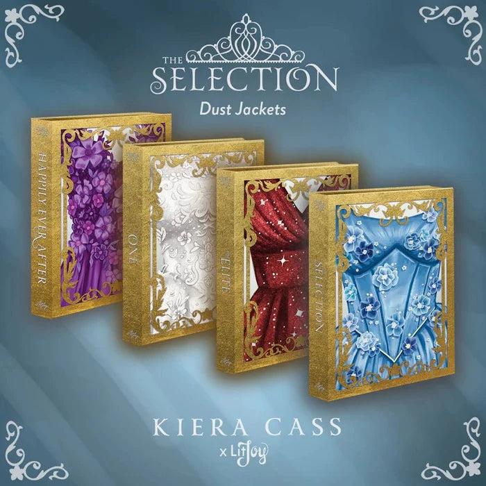 Mockup of all four dust jackets from The Selection LitJoy Special Edition Box Set by Kiera Cass — fanned out showing The Selection (blue gown), The Elite (red), The One (white), and Happily Ever After (purple), each with gold foil borders
