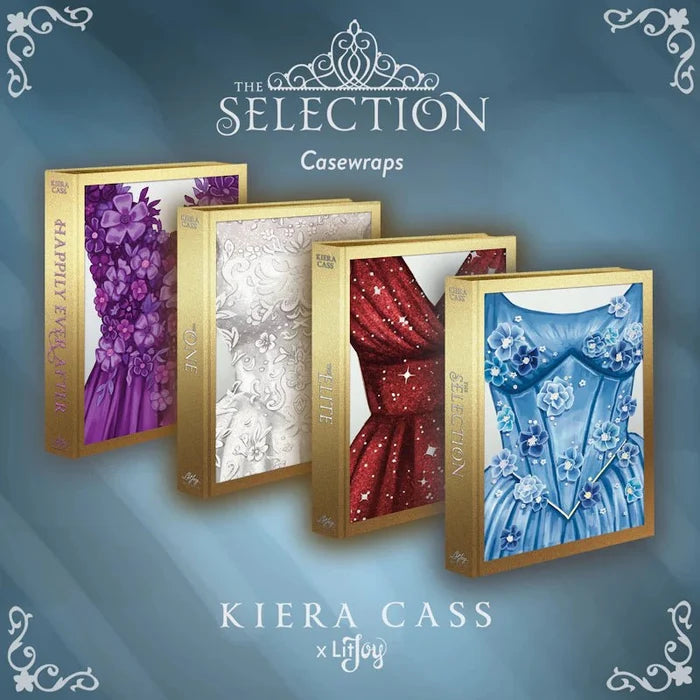 Mockup of all four casewrap hardcover bindings from The Selection LitJoy Special Edition Box Set by Kiera Cass — fanned out showing Happily Ever After (purple), The One (white), The Elite (red), and The Selection (blue), with gold spines
