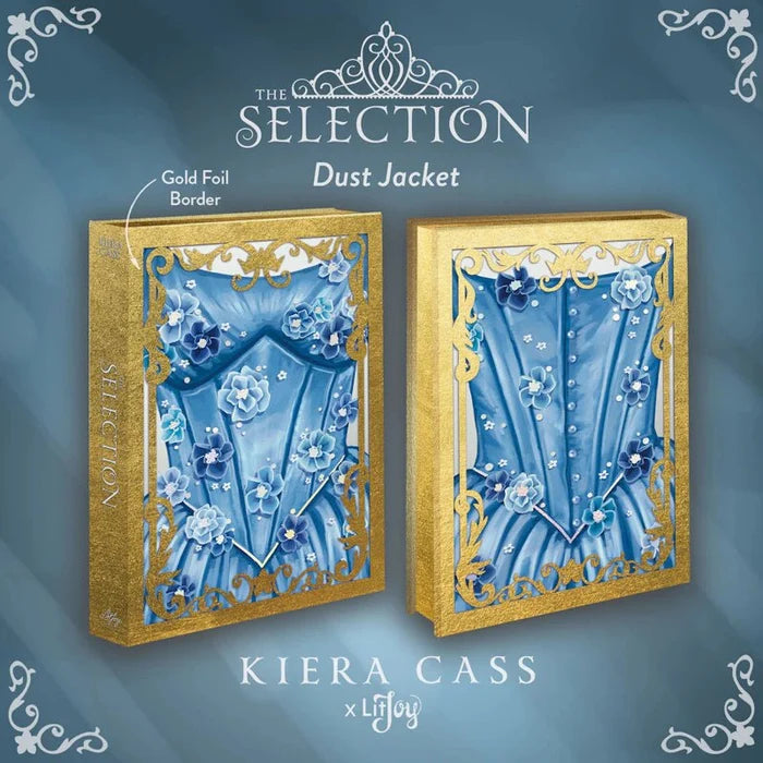 Front and back mockup of The Selection LitJoy Special Edition dust jacket — blue silk corset gown design with blue floral details and gold foil ornate border, Kiera Cass x LitJoy branding, on blue background