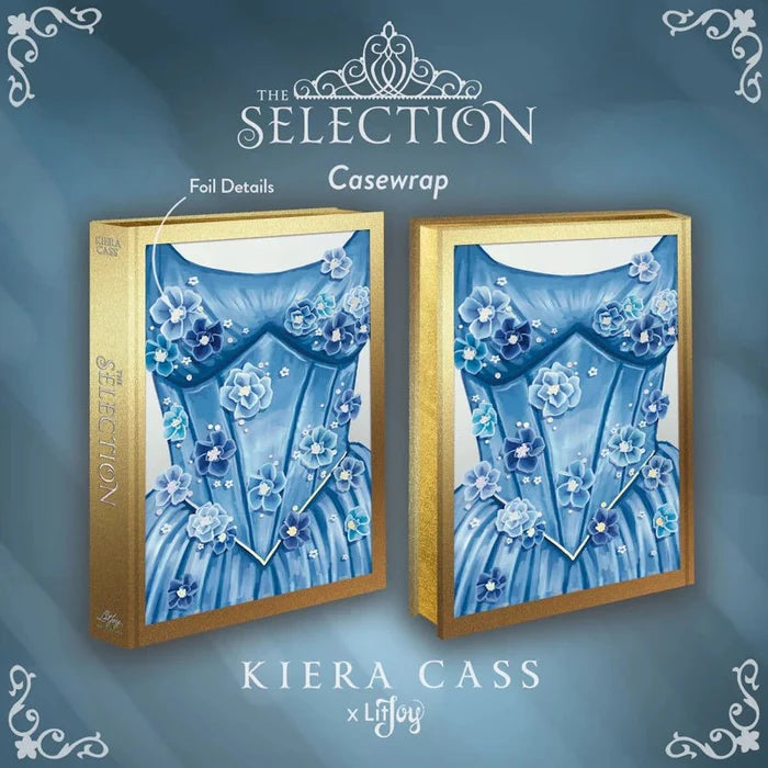 Front and back mockup of The Selection LitJoy Special Edition casewrap hardcover — blue silk corset gown with floral details and gold foil border, highlighting foil details on the binding, Kiera Cass x LitJoy