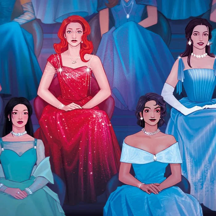 Character endpaper illustration from The Selection LitJoy Special Edition — young women in elegant gowns including a red-haired woman in a sparkling red dress seated among contestants in pale blue and teal ball gowns