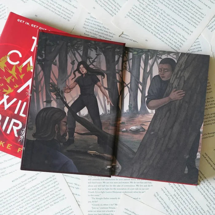 Open To Cage a Wild Bird LitJoy Edition showing a full-color interior illustration spread of a dark-haired woman standing defiantly in a forest with two men hidden behind trees, beside the red standard edition on open book pages