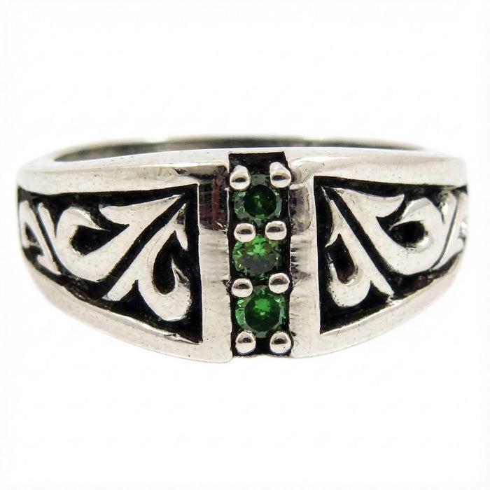 Tribal Emerald Sterling Silver Ring featuring three faceted green stones set vertically with oxidized tribal scrollwork on a polished 925 silver band