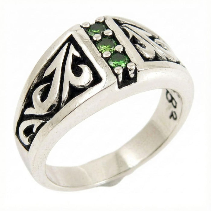 Men's 925 Sterling Silver Ring featuring carved tribal designs and three faceted green emerald stones set vertically on the band