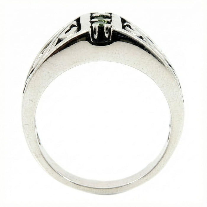 Band view of Tribal Emerald Sterling Silver Ring highlighting the solid silver band thickness and gemstone setting details