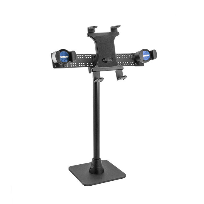 The TW Broadcaster TriStreamer Slim-Grip® Stand is a 29-inch countertop or desk mount with a wide base and central pole, holding both tablets and two phones—perfect for content creators or live streaming setups.