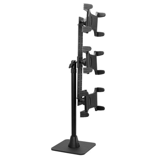 The TW Broadcaster TriStreamer is a 29-inch black metal countertop or desk stand for live streaming, featuring three adjustable clamps to hold tablets and similar devices, mounted on a stable square base.