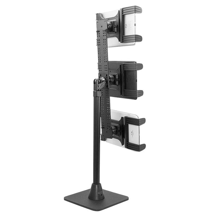 The TW Broadcaster TriStreamer Triple Tablet Holder is a 29-inch desk stand for live streaming, designed to hold three tablets vertically in a sturdy black frame, perfect for ergonomic workspace setups and countertop or desktop use.