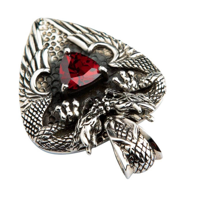 Angled front view of a sterling silver twin dragon heart pendant featuring a triangular red garnet, detailed with scales and wings on a white background
