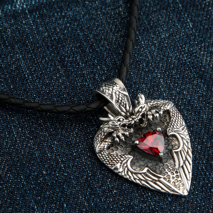 Gothic pendant with twin dragons and red gemstone