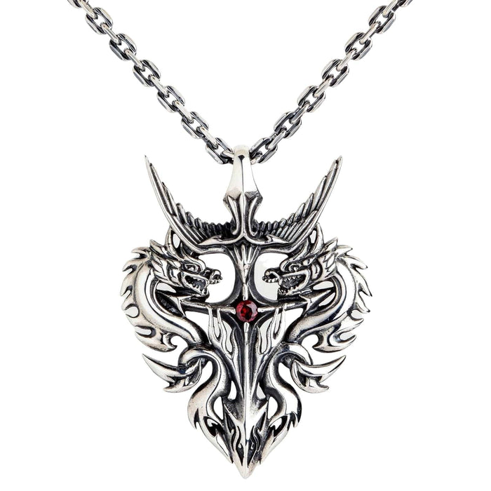 A fantasy-style dragon pendant shown on a sterling silver chain.