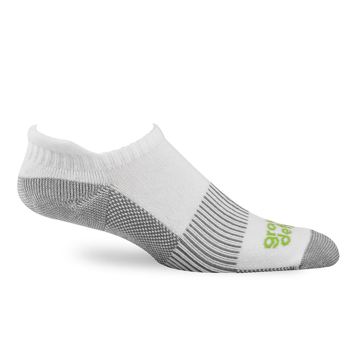 White no-show ankle sock with grey textured heel, arch support, and toe, featuring green branding.
