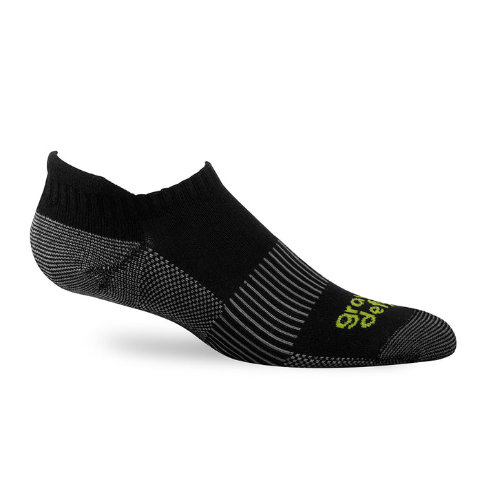 Black no-show sock with grey striped pattern on the arch and forefoot, featuring a lime green brand logo.