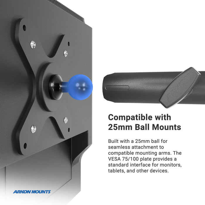 Close-up of the VESA 75 / VESA 100 to 25mm Ball Mount Bracket Adapter with blue ball attachment. Text reads, Compatible with 25mm Ball Mounts, emphasizing standard monitor and device compatibility.