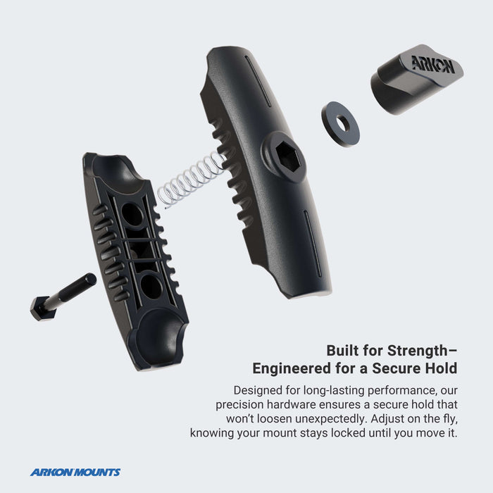 Exploded view of a black Arkon Mounts Robust® Dual Shaft Cup Holder Mount with Magnetic Phone Holder (25mm, MagSafe Compatible), detailing its spring, screws, and components against a light background to reveal the hardware’s internal structure and secure assembly. Text highlights its strength and reliable hold—making it ideal for use with a dual 25mm shaft arm or as part of a cup holder mount configuration.