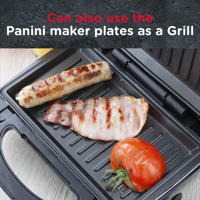 Panini maker with grilled sausages and tomato on a wooden surface. Waffle, Deep Fill Sandwich, Grill & Panini Maker - Buy Now