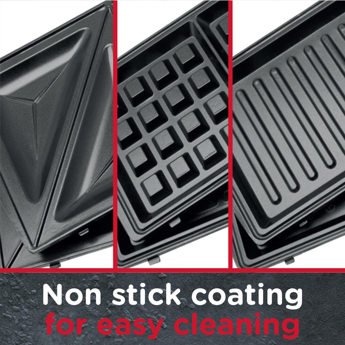 Collage of three different non-stick cookware with text 'Non stick coating for easy cleaning'. Waffle, Deep Fill Sandwich, Grill & Panini Maker - Buy Now