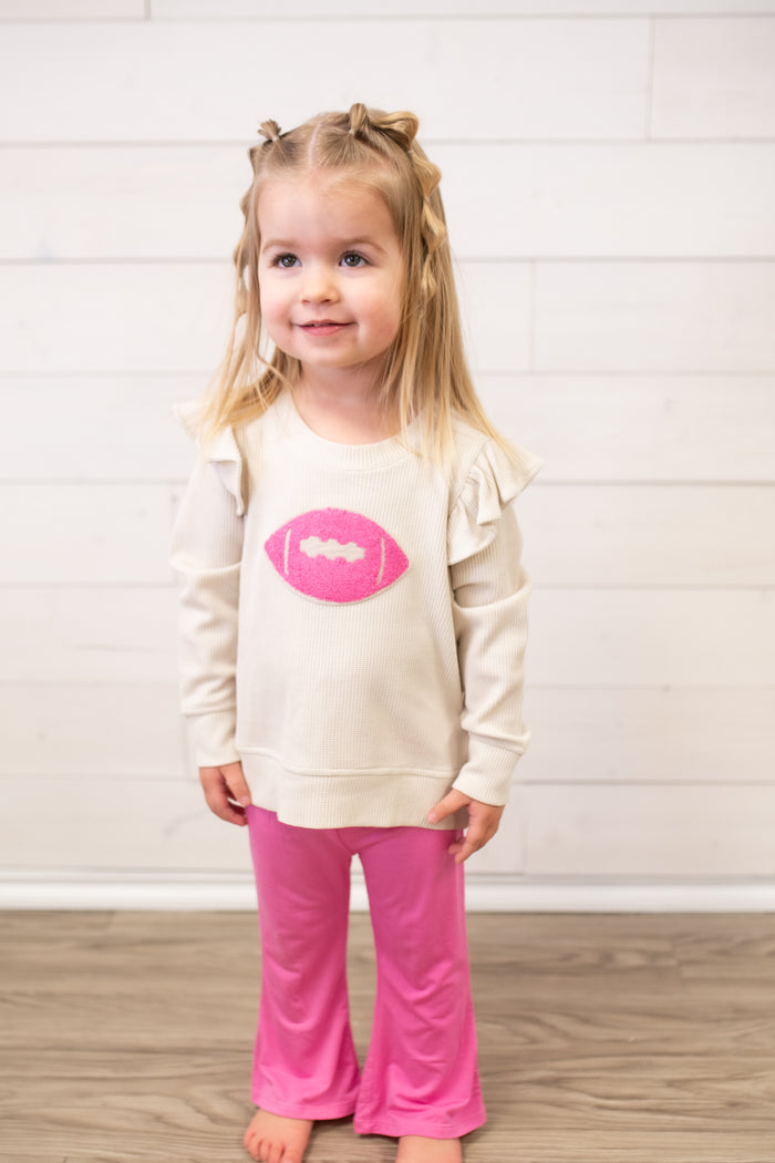 Waffle Ruffle Football Sweatshirt with Pink Bamboo Baby Bells