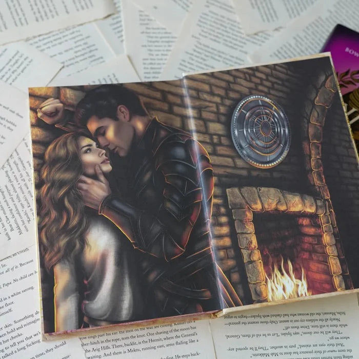 We Who Will Die LitJoy Edition open to interior romantic illustration — armored male figure cupping a woman's face by a glowing fireplace, enemies-to-lovers scene, from LitJoy Winter Romantasy TBR Box