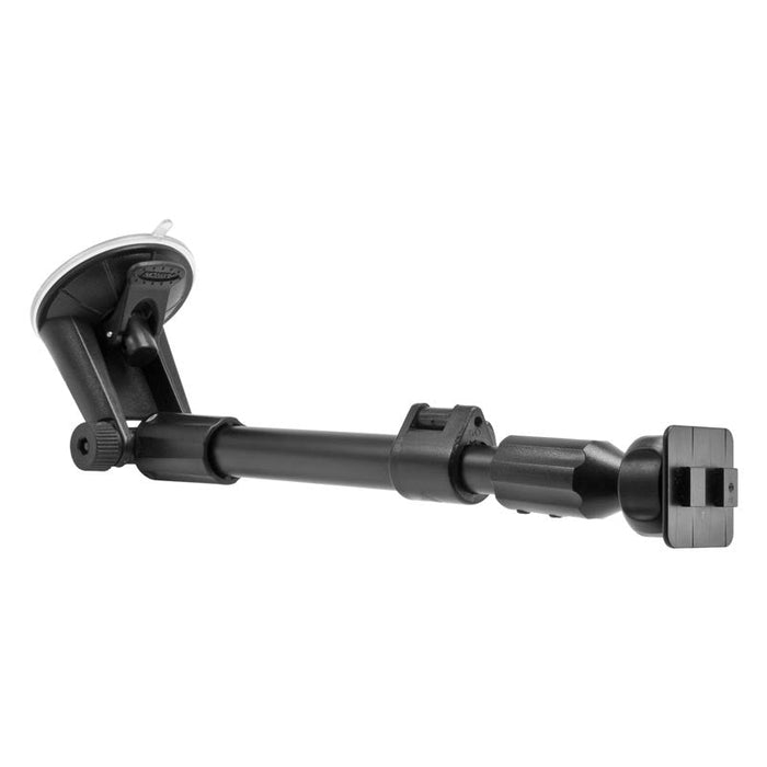The Windshield Mount with Extended Arm & Dual-T Mounting Pattern is a black adjustable suction cup mount featuring an extendable arm and a rectangular attachment plate, designed to securely hold devices like cameras or GPS units on smooth surfaces such as glass or dashboards.